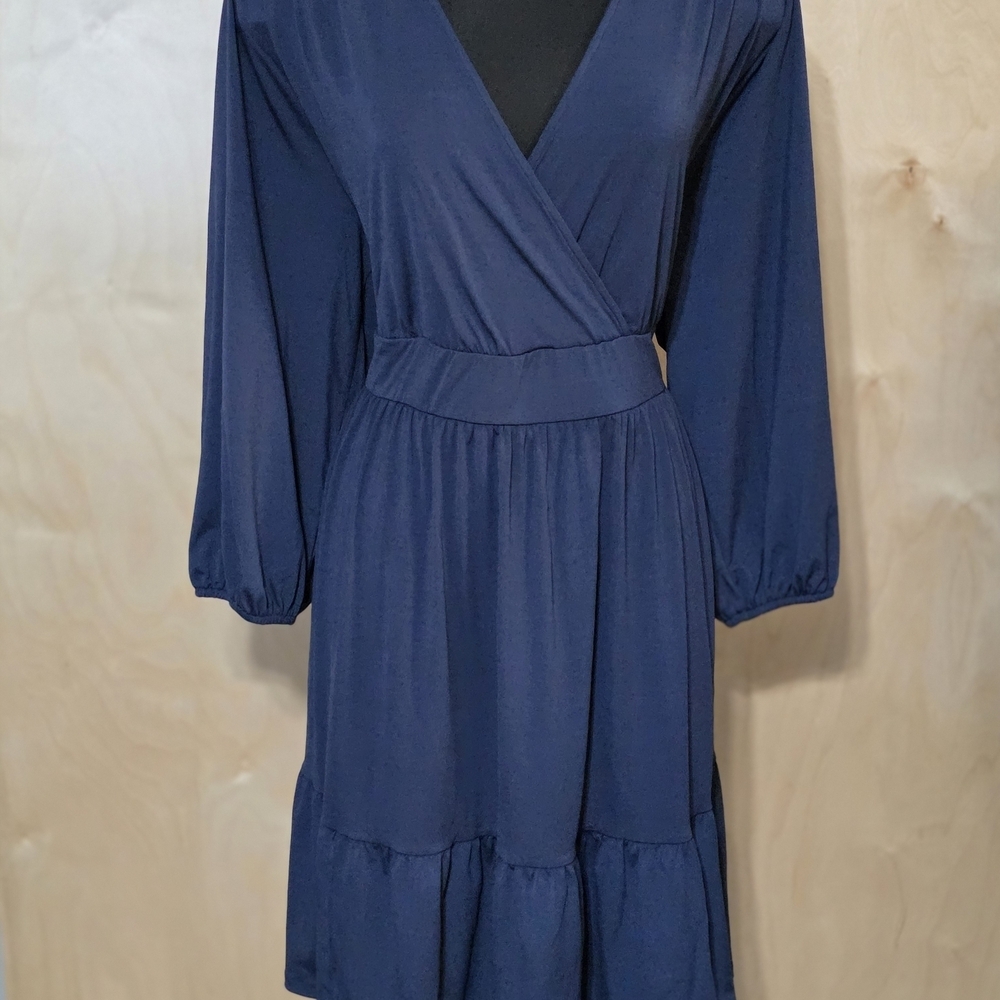 NWT Navy Blue Studio Knit Surplice Tiered Mini Dress | Long Sleeve Size 2 - Picture 4 of 5
